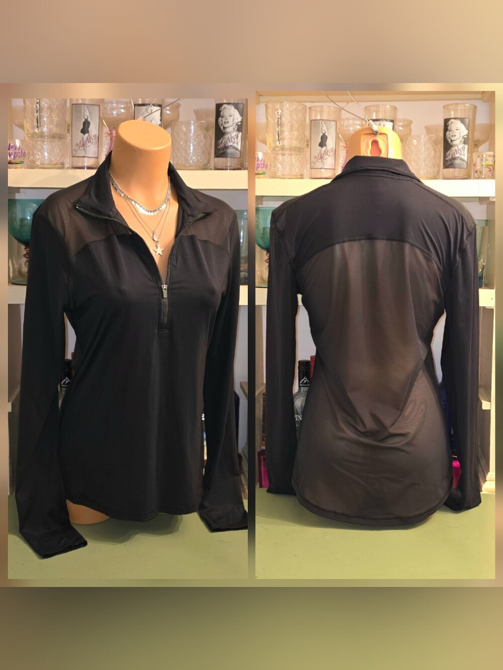 Victoria's Secret Sport Shirt S. Black Semi-sheer Back 1/4 Zip Stretchy EUC